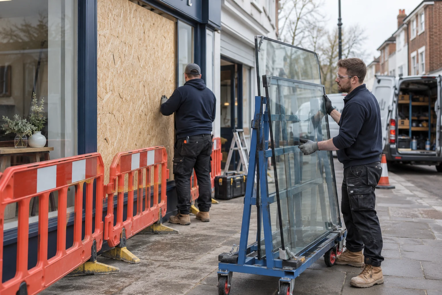 Safely cordoned retail frontage during emergency glass replacement
