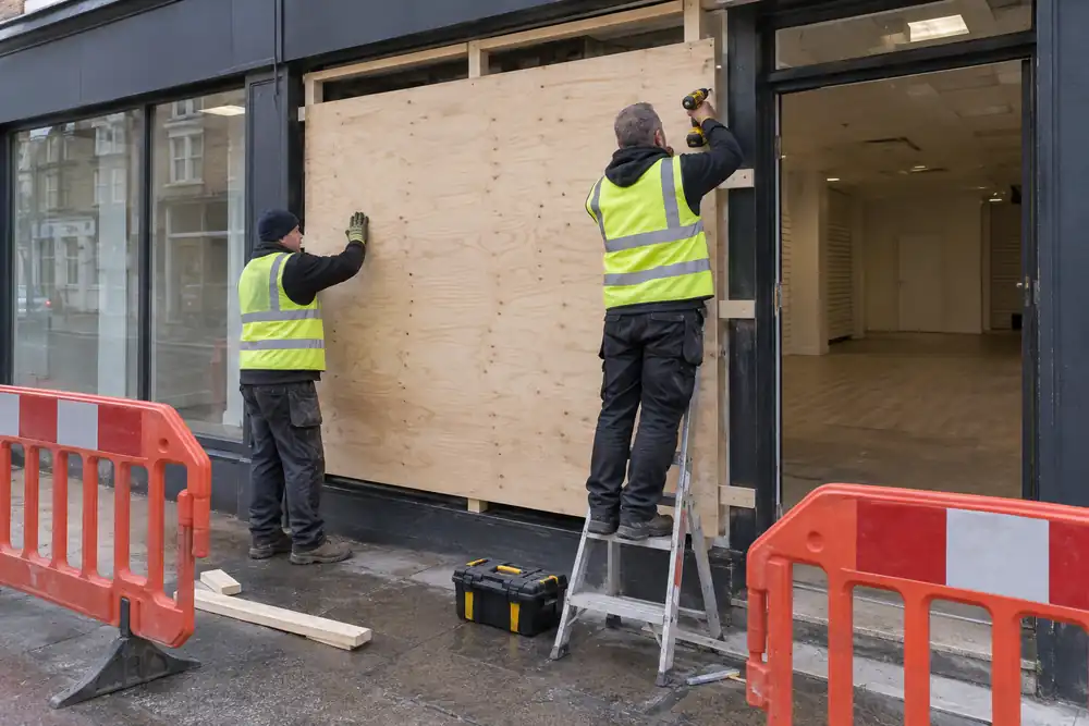 Tradespeople fitting temporary security boarding to a damaged shopfront