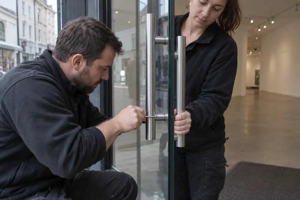 Glazing technician adjusting hardware on a shopfront glass entrance