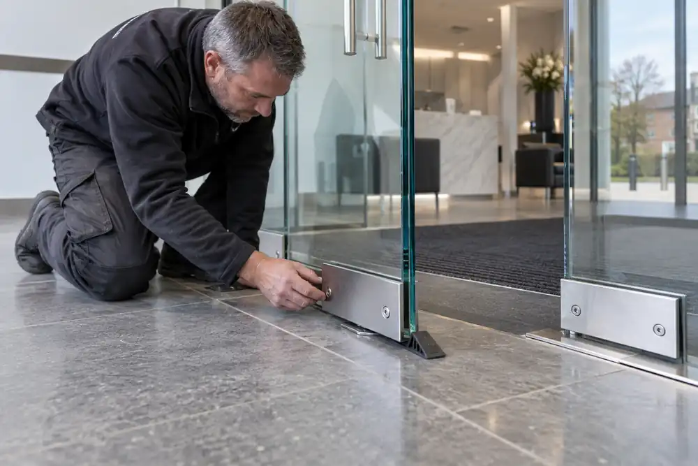 Specialist checking fittings on a toughened glass shopfront entrance