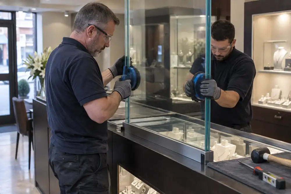 Glass installers positioning thick laminated security glazing